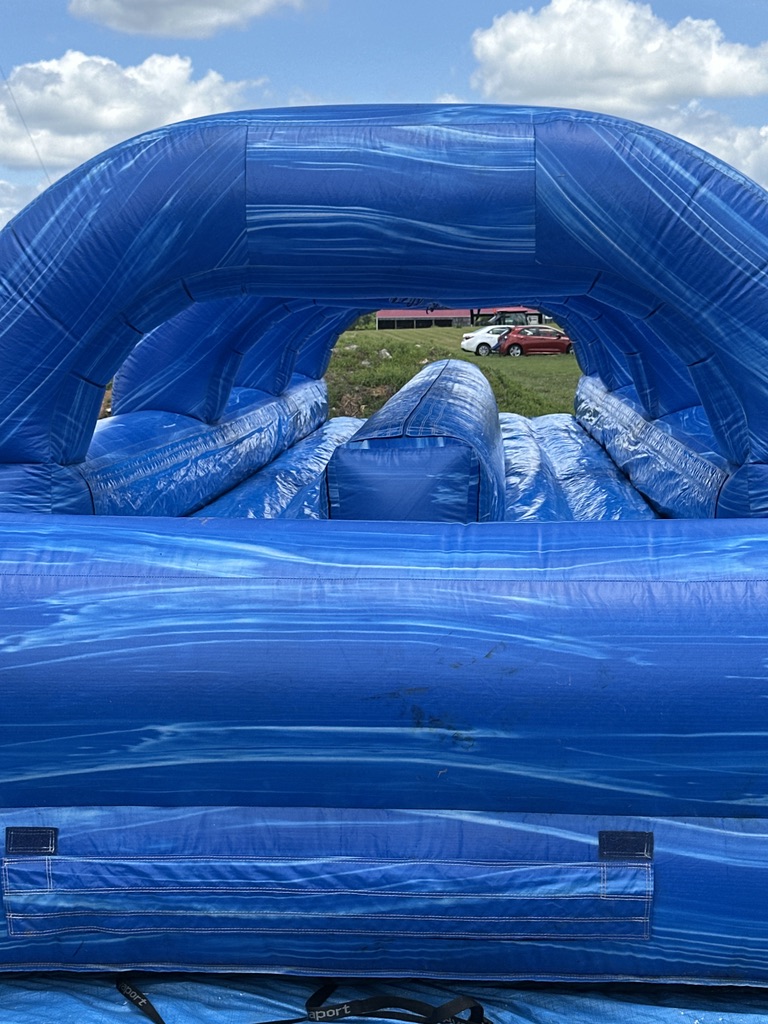 View down the blue water slide